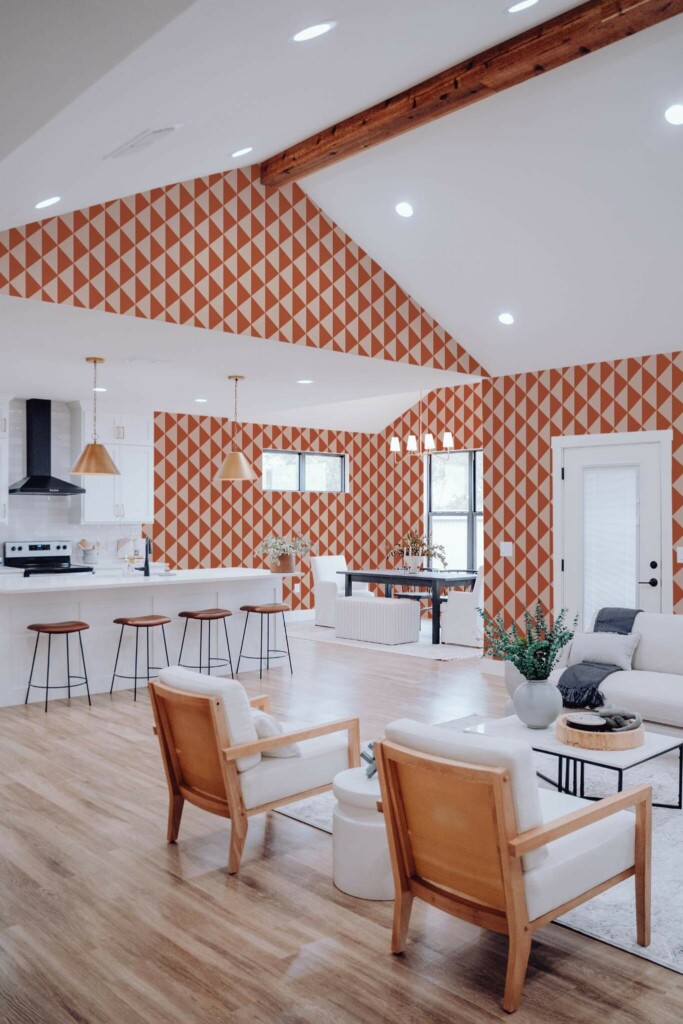 Contemporary style living room and kitchendecorated with Terracotta triangles peel and stick wallpaper