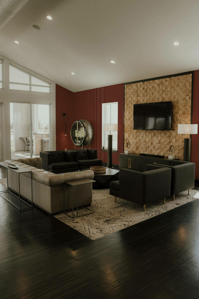 Hollywood glam style living room decorated with Terracotta velvet peel and stick wallpaper