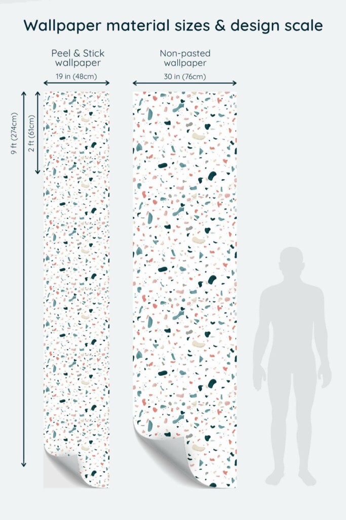 Size comparison of Terrazzo pattern Peel & Stick and Non-pasted wallpapers with design scale relative to human figure