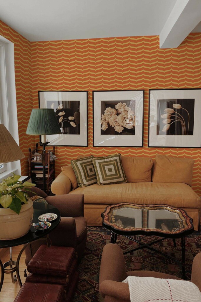 Mid-century eclectic style living room decorated with Textile inspired retro peel and stick wallpaper