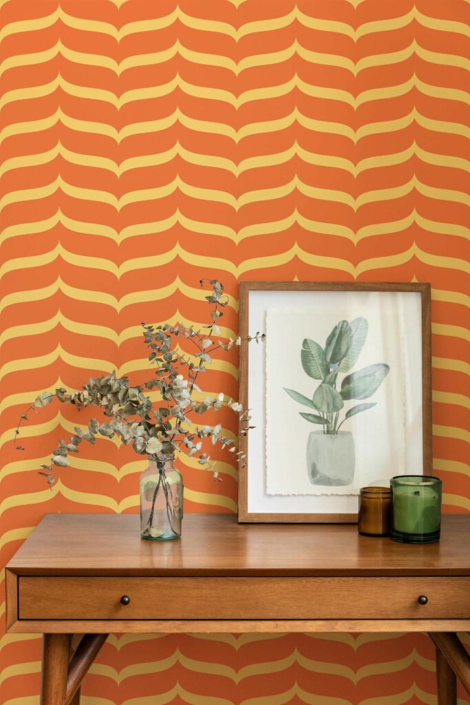 Mid-century modern style living room decorated with Textile inspired retro peel and stick wallpaper