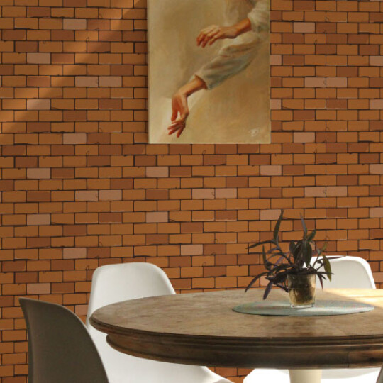 Red brick texture imitation pattern in dining room interion. Peel and stick or non-pasted wallpaper