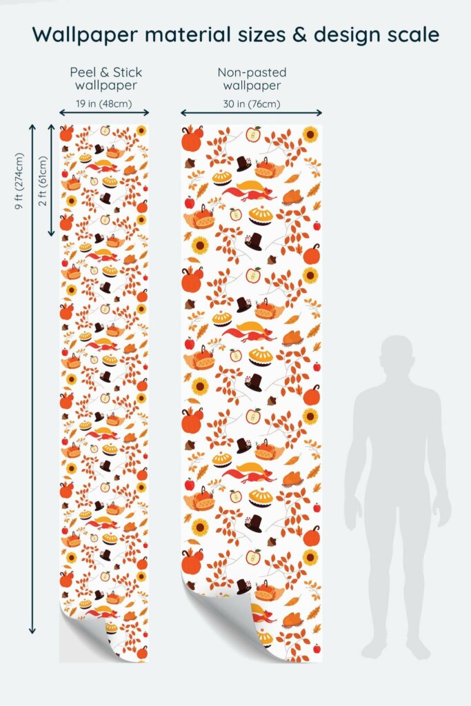 Size comparison of Thanksgiving autumn Peel & Stick and Non-pasted wallpapers with design scale relative to human figure