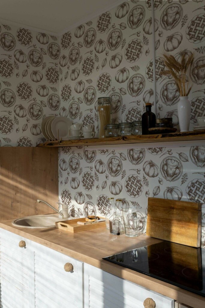 Minimal bohemian style kitchen decorated with Thanksgiving dinner peel and stick wallpaper