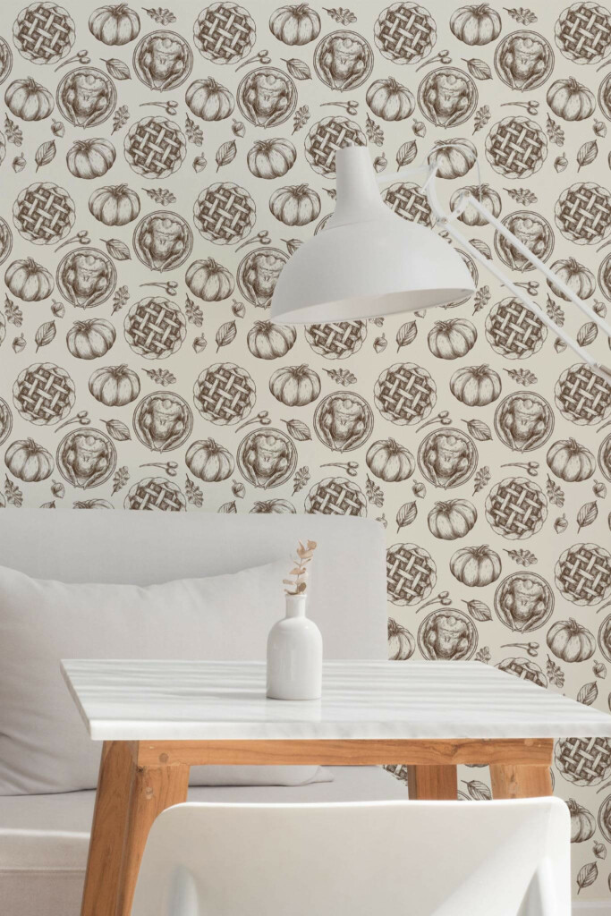 Minimal style dining room decorated with Thanksgiving dinner peel and stick wallpaper