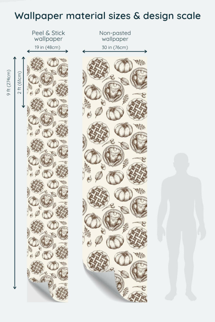 Size comparison of Thanksgiving dinner Peel & Stick and Non-pasted wallpapers with design scale relative to human figure