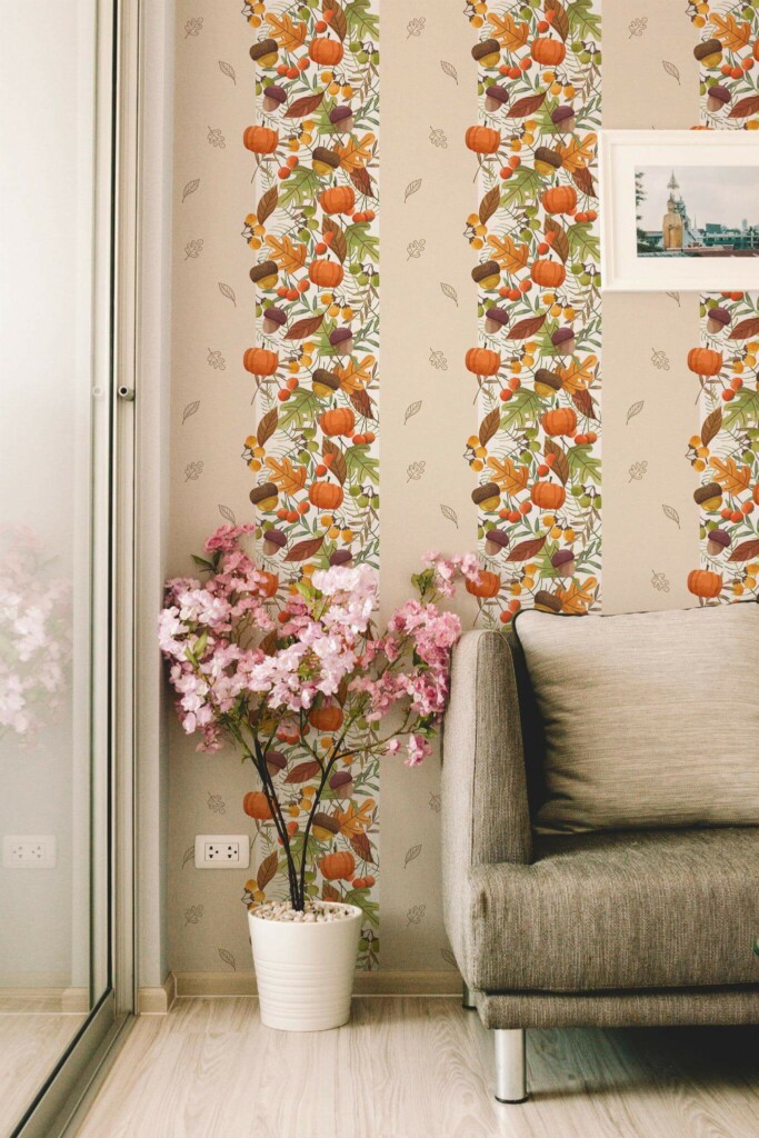 Modern farmhouse style living room decorated with Thanksgiving fall peel and stick wallpaper