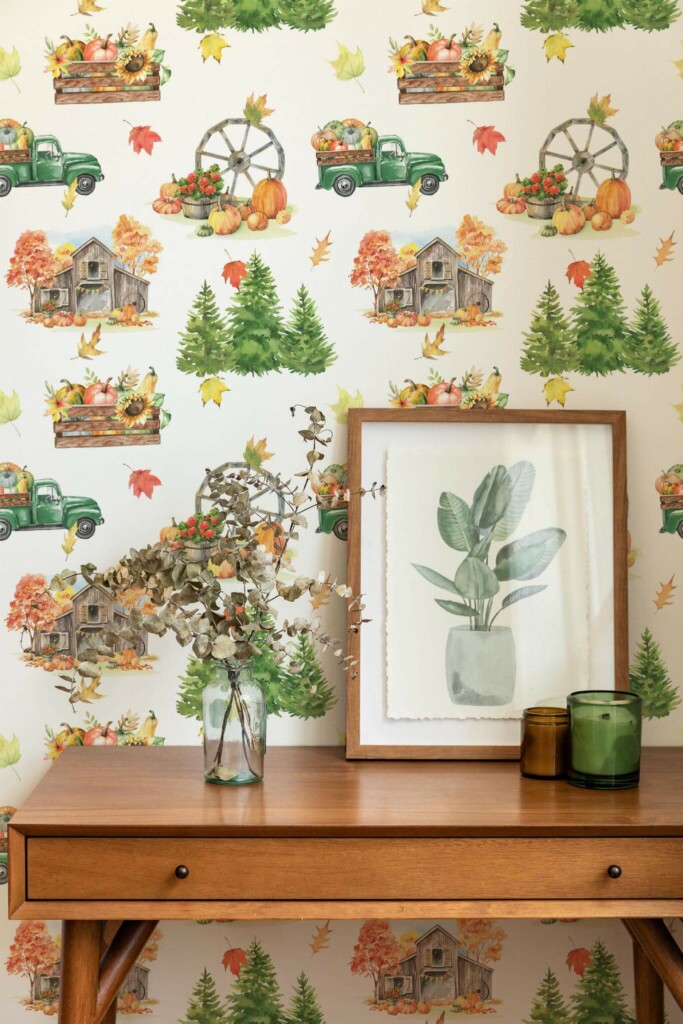 Mid-century modern style living room decorated with Thanksgiving farmhouse peel and stick wallpaper