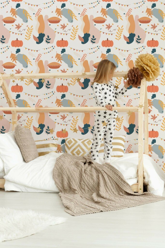 Bohemian style kids room decorated with Thanksgiving fun peel and stick wallpaper