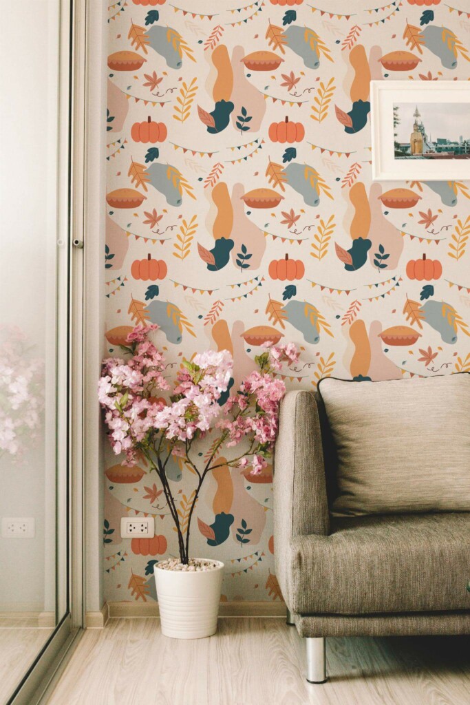 Modern farmhouse style living room decorated with Thanksgiving fun peel and stick wallpaper