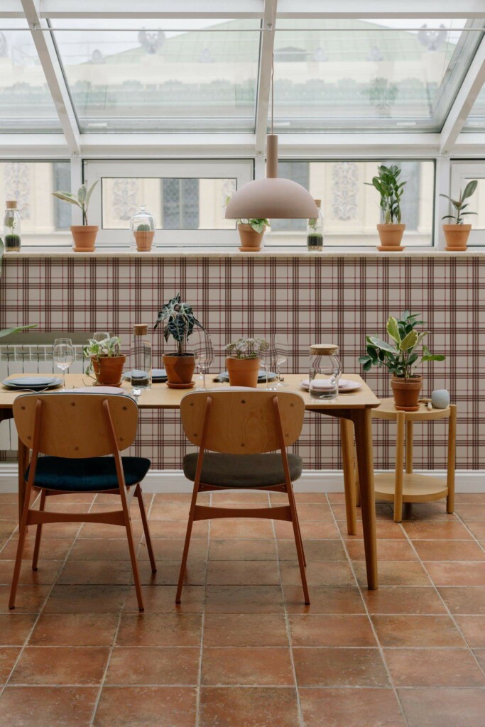 MId-century modern style dining room on a balcony decorated with Thanksgiving plaid peel and stick wallpaper