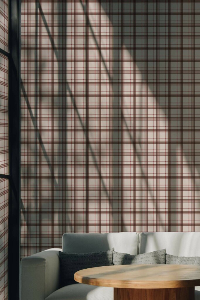Scandinavian style living room decorated with Thanksgiving plaid peel and stick wallpaper