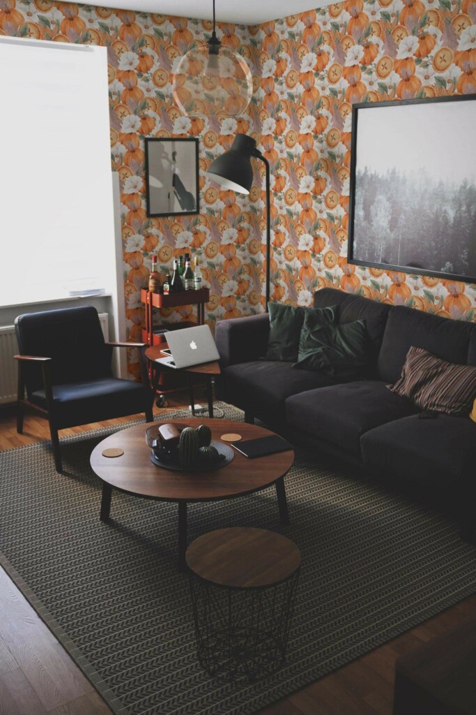 Modern dark industrial style living room decorated with Thanksgiving pumpkin peel and stick wallpaper