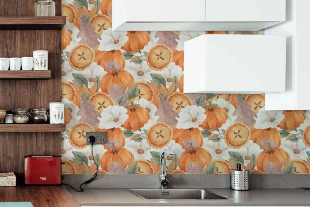 thanksgiving pumpkin-removable wallpaper in rustic scandinavian style kitchen