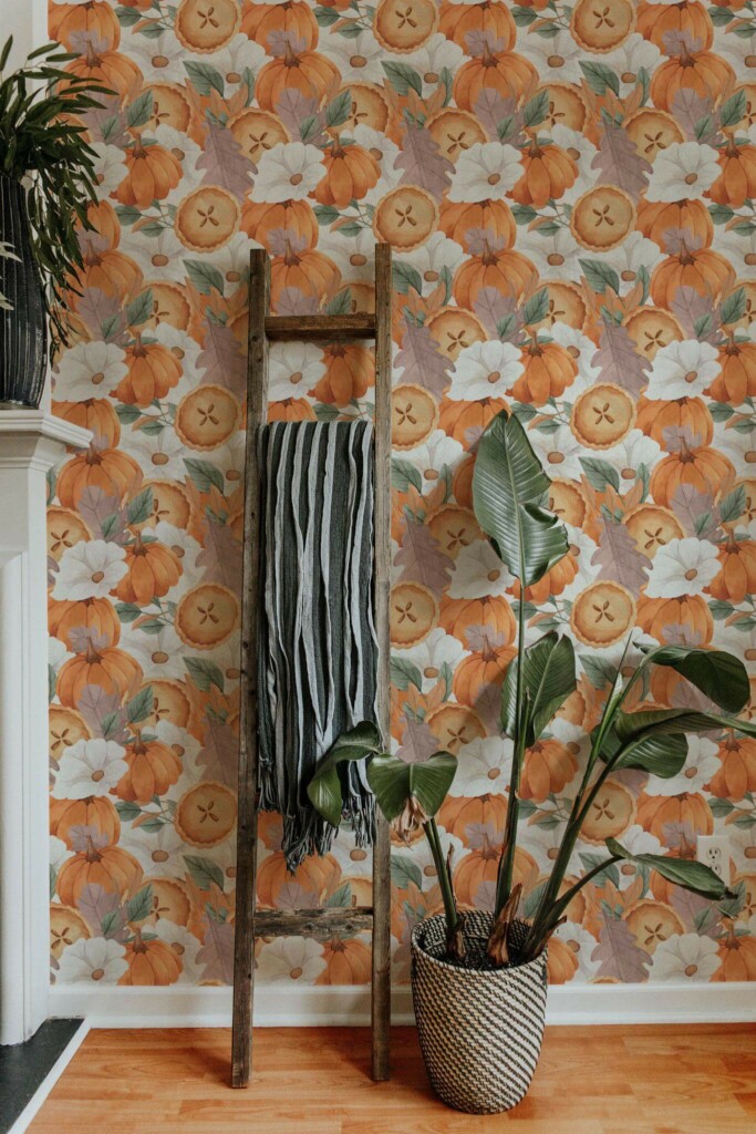 Scandinavian style living room decorated with Thanksgiving pumpkin peel and stick wallpaper