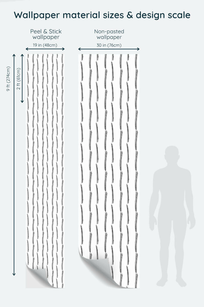 Size comparison of Thin brush stroke Peel & Stick and Non-pasted wallpapers with design scale relative to human figure