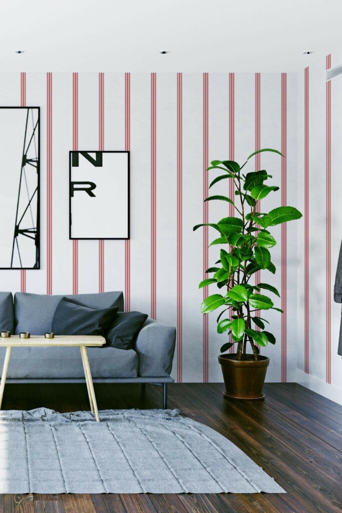 Modern scandinavian style living room decorated with Ticking stripe peel and stick wallpaper