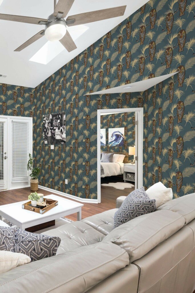 Coastal scandinavian style living room and bedroom decorated with Tiger peel and stick wallpaper