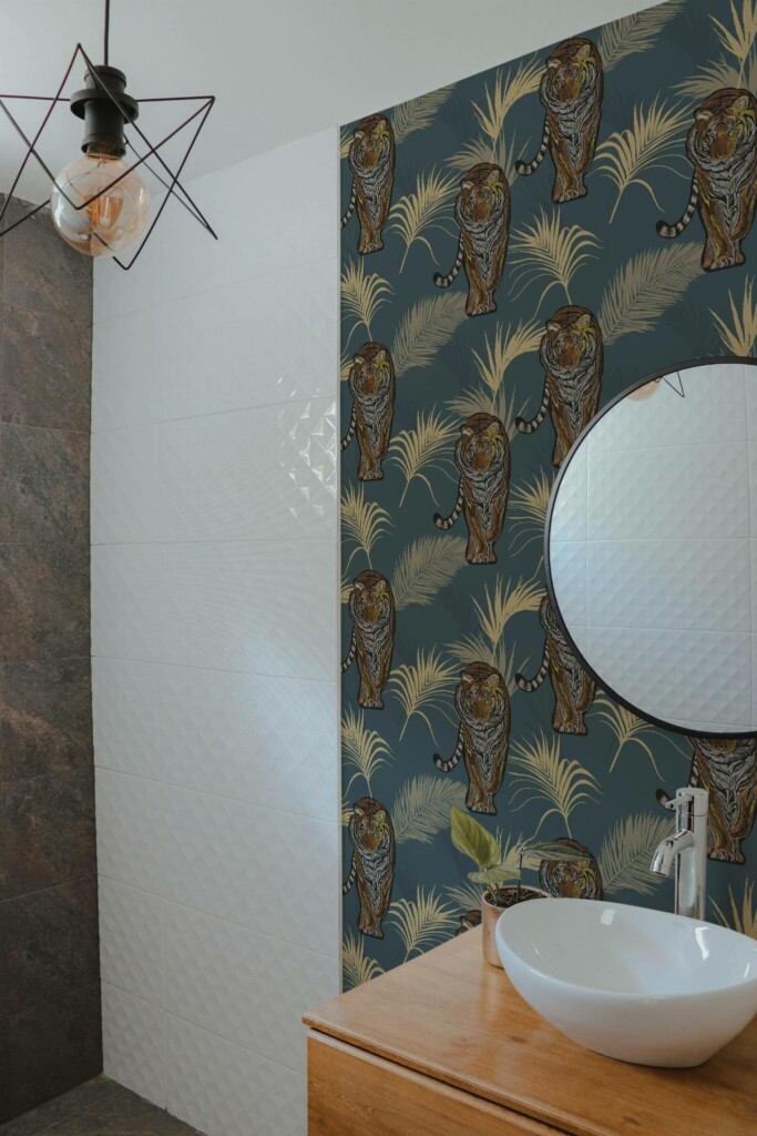 Modern style bathroom decorated with Tiger peel and stick wallpaper