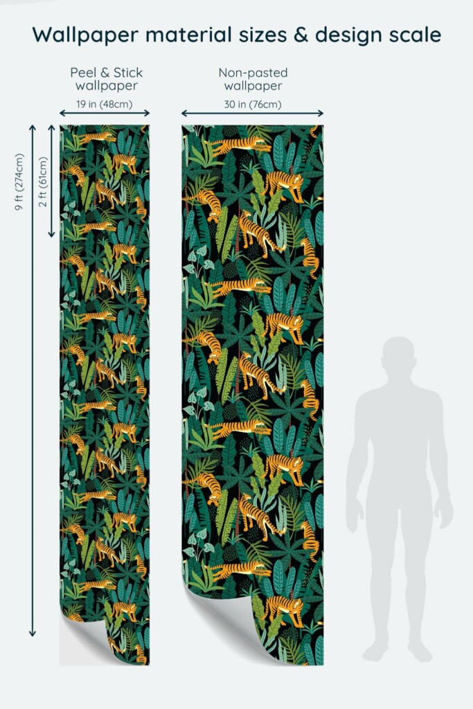Size comparison of Tiger Peel & Stick and Non-pasted wallpapers with design scale relative to human figure
