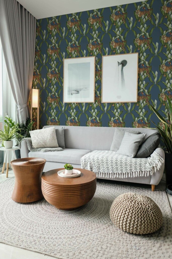 Modern scandinavian style living room decorated with Tigers and birds peel and stick wallpaper and green plants
