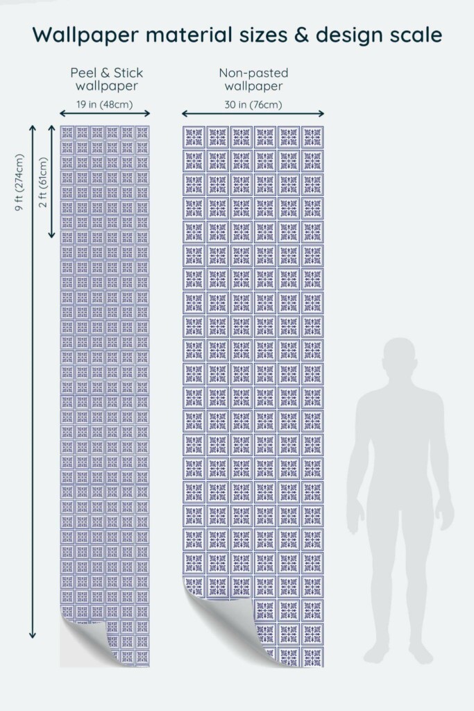 Size comparison of Tile effect Peel & Stick and Non-pasted wallpapers with design scale relative to human figure