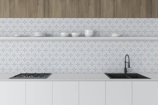geometric blue and white traditional wallpaper
