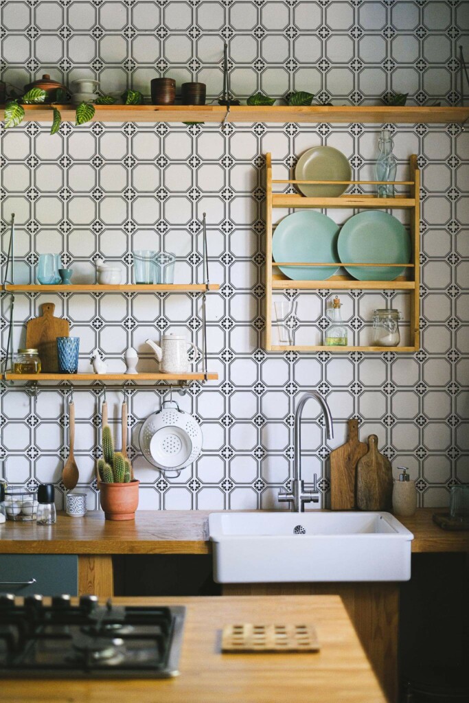 Rustic farmhouse style kitchen decorated with Tile peel and stick wallpaper