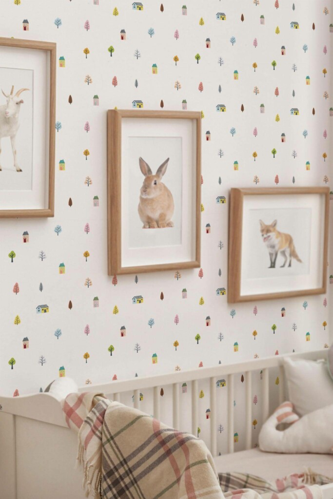 Neutral Scandinavian style nursery decorated with Tiny houses peel and stick wallpaper