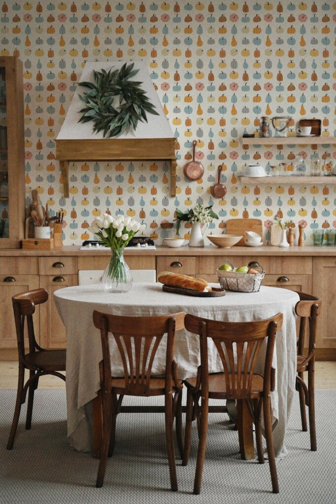 Boho farmhouse style kitchen dining room decorated with Tiny pumpkins peel and stick wallpaper