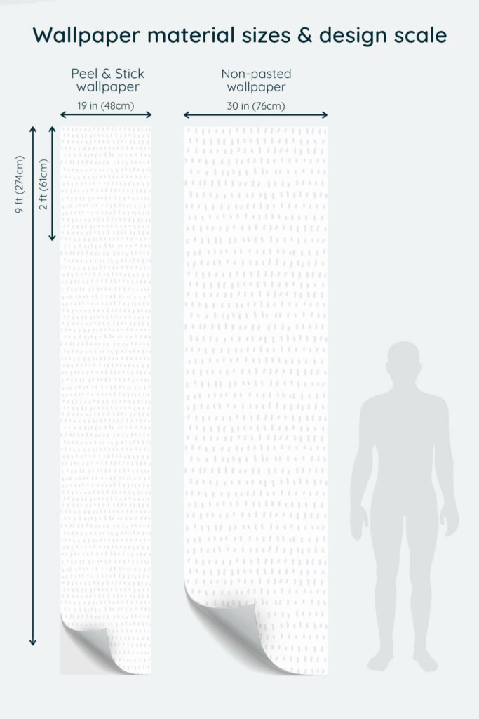Size comparison of Tiny stripe Peel & Stick and Non-pasted wallpapers with design scale relative to human figure