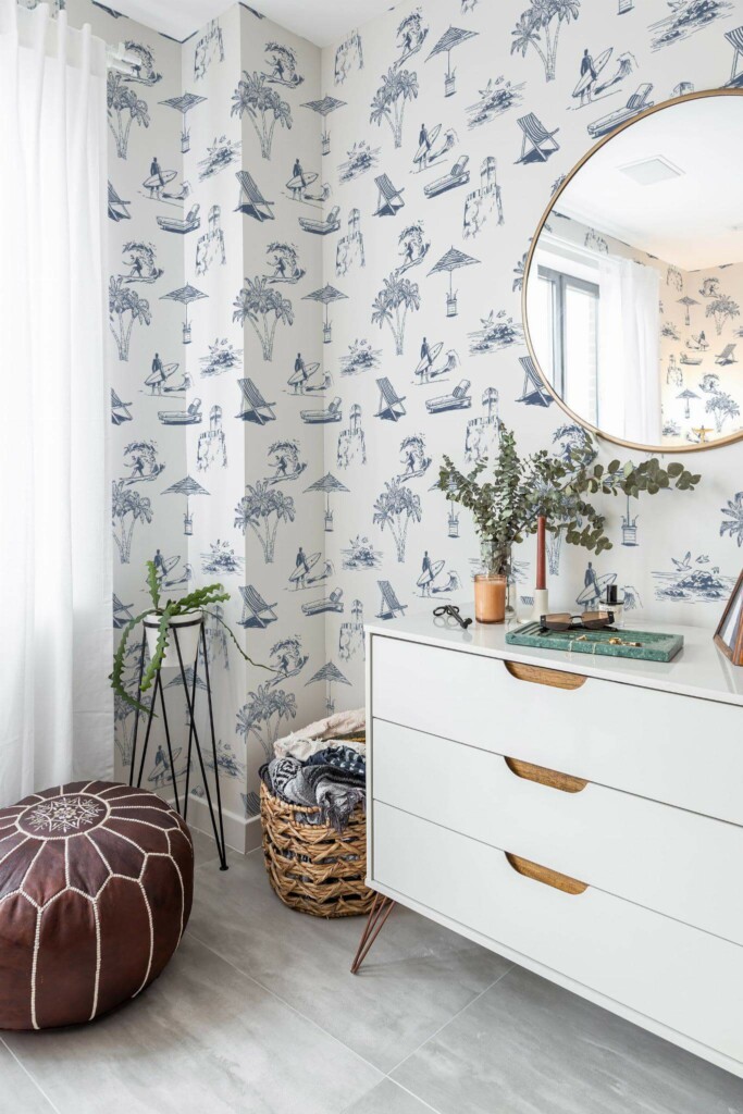 Minimal Mediterranean style powder room decorated with Toile beach peel and stick wallpaper