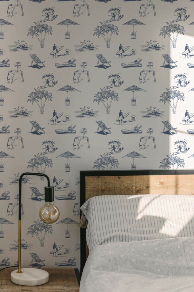 Minimal modern style bedroom decorated with Toile beach peel and stick wallpaper