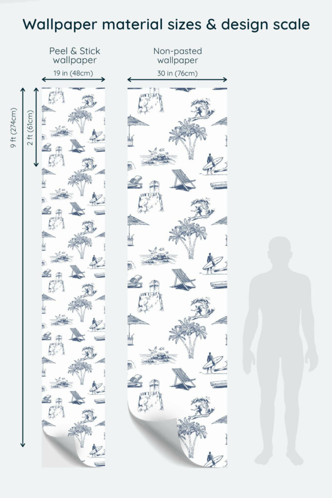 Size comparison of Toile beach Peel & Stick and Non-pasted wallpapers with design scale relative to human figure
