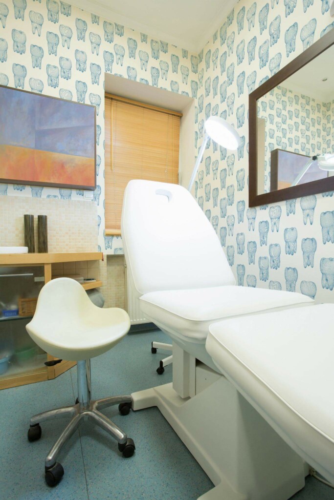 MId-century style dentist office decorated with Tooth peel and stick wallpaper