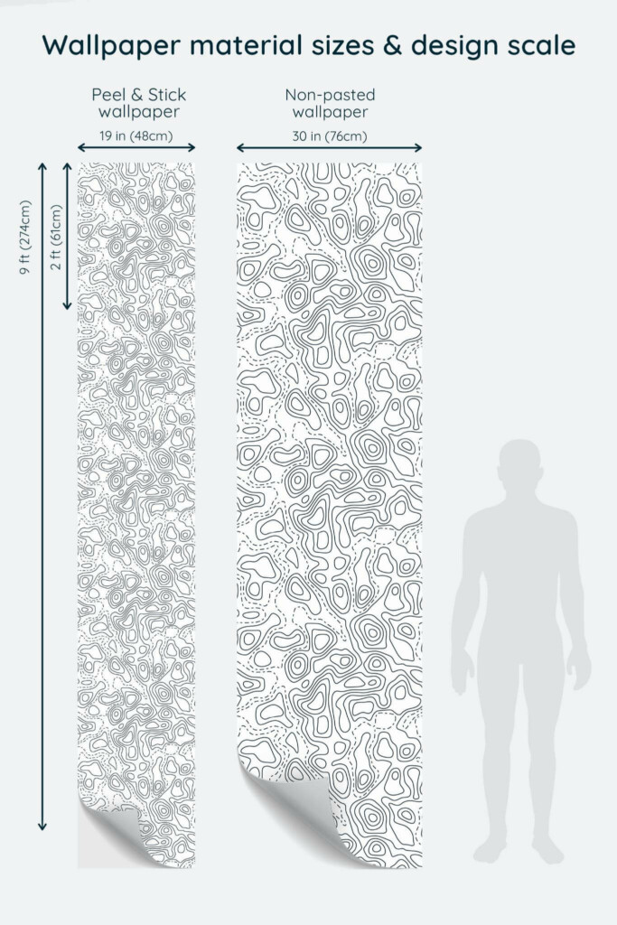 Size comparison of Topographic Peel & Stick and Non-pasted wallpapers with design scale relative to human figure