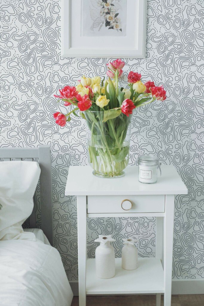 Farmhouse style bedroom decorated with Topography pattern peel and stick wallpaper