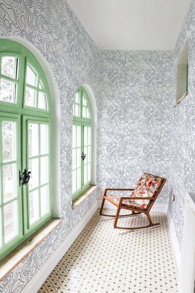 Mediterranean style hallway decorated with Topography pattern peel and stick wallpaper