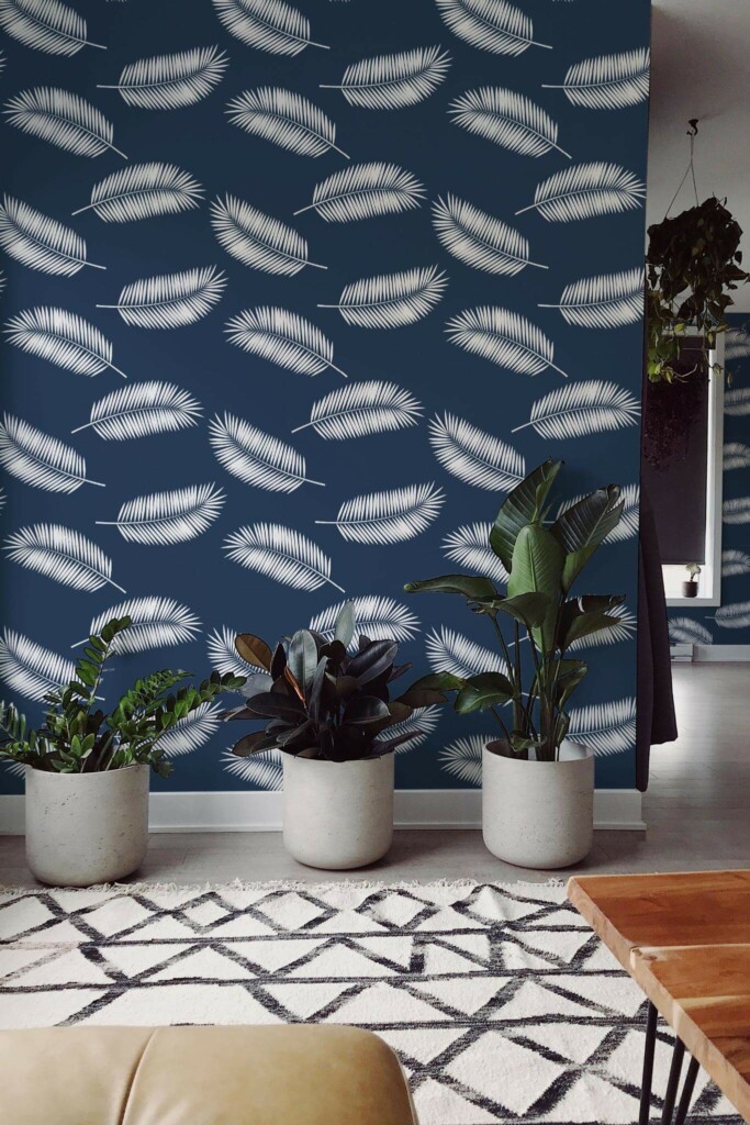 Scandinavian style living room decorated with Tossed palm peel and stick wallpaper