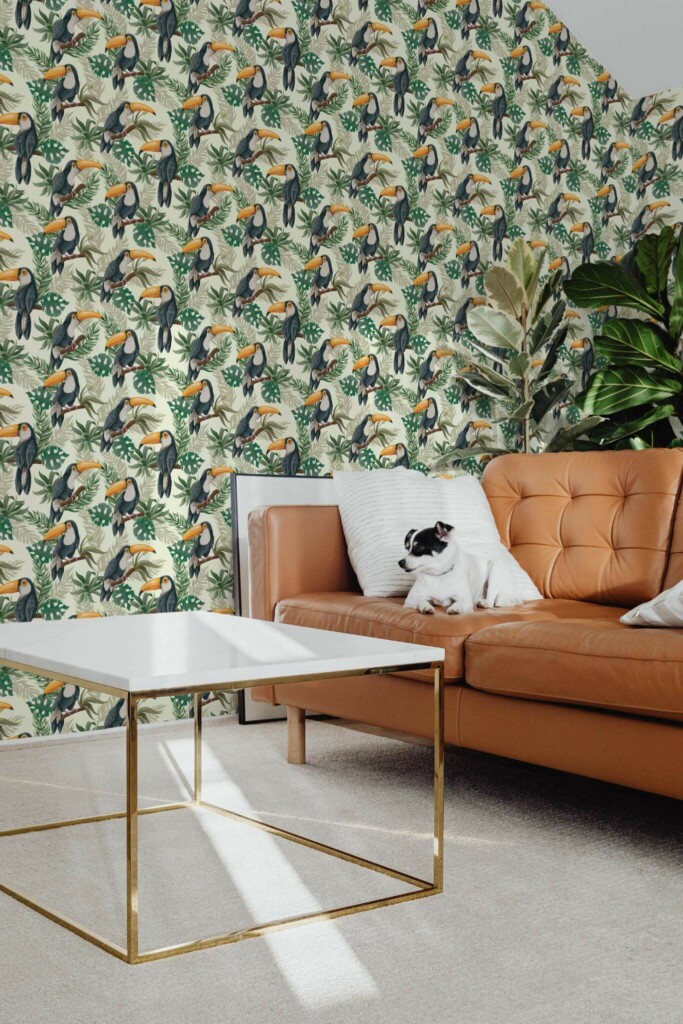 Mid-century modern style living room with dog on a sofa decorated with Toucan peel and stick wallpaper
