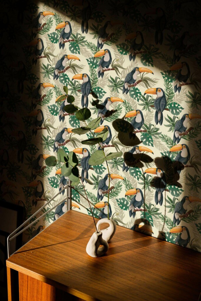 Mid-century style living room decorated with Toucan peel and stick wallpaper