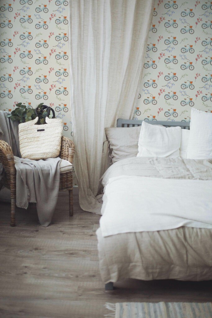 Boho style bedroom decorated with Tour de france peel and stick wallpaper