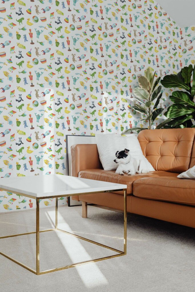 Mid-century modern style living room with dog on a sofa decorated with Toys peel and stick wallpaper
