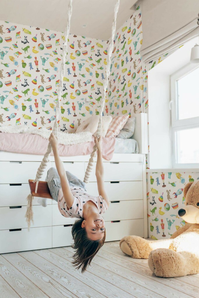 Minimal scandinavian style kids room decorated with Toys peel and stick wallpaper
