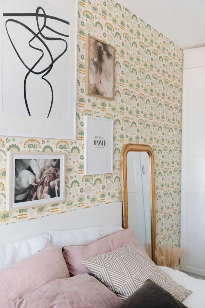 Fancy Walls peel and stick wallpaper with beige fun shapes. Groovy Bloom wallpaper removable or non-pasted