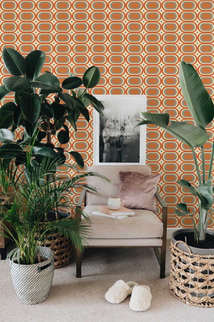 Unpasted geometric wallpaper by Fancy Walls in retro orange tones