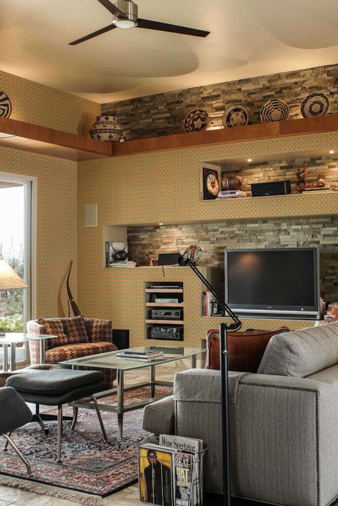 Fancy Walls peel and stick wallpaper with green and orange retro circles
