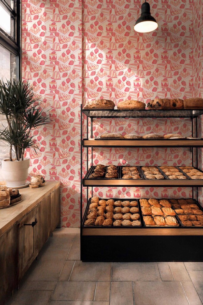 Removable wallpaper showcasing whimsical pink bakery details from Fancy Walls