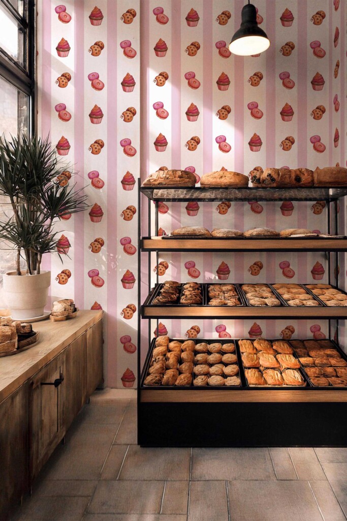 Fancy Walls unpasted wallpaper for bakery walls with pink cakes