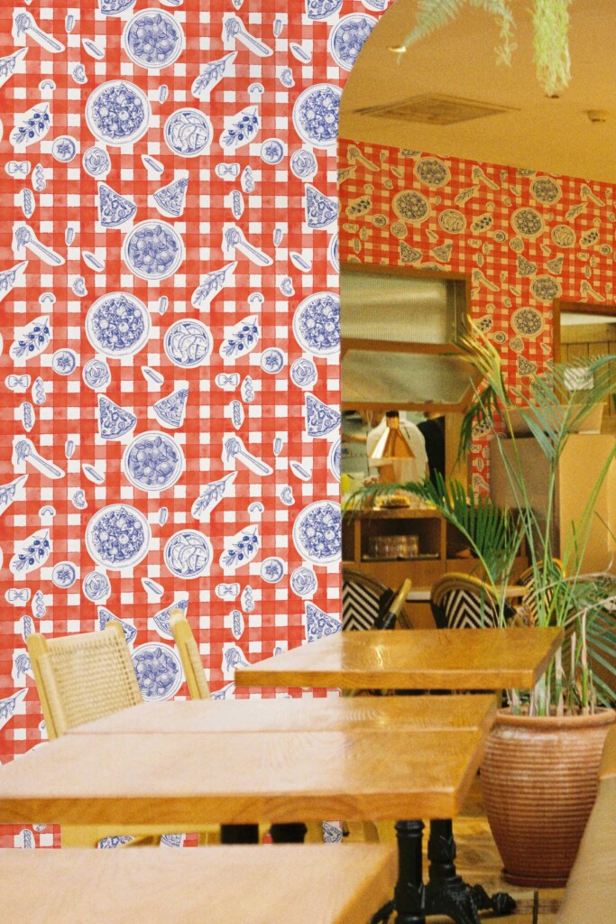 Fancy Walls Red Plaid peel and stick wallpaper with Italian foods